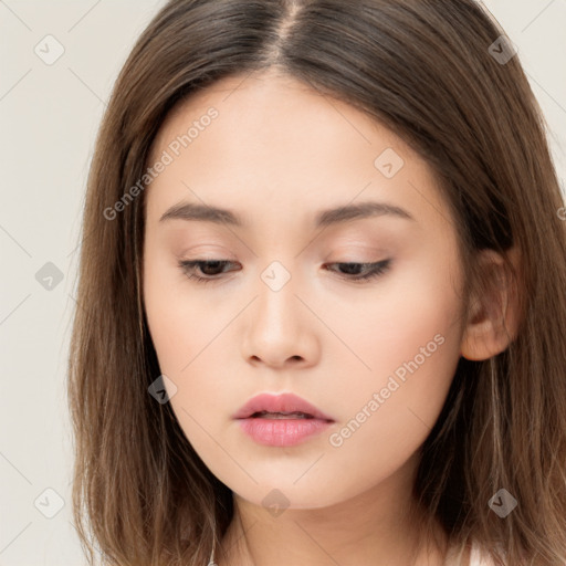 Neutral white young-adult female with long  brown hair and brown eyes