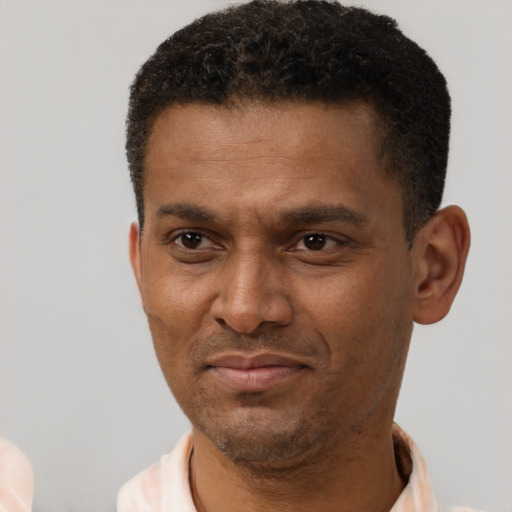 Neutral latino adult male with short  black hair and brown eyes