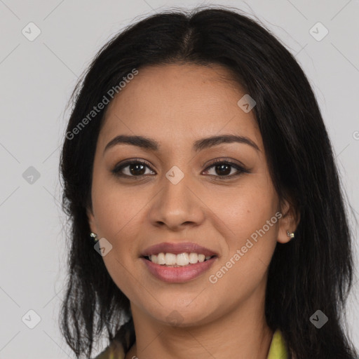 Joyful latino young-adult female with long  brown hair and brown eyes