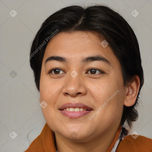 Joyful asian young-adult female with medium  brown hair and brown eyes