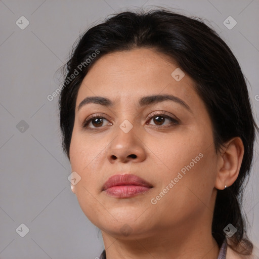 Neutral white young-adult female with medium  brown hair and brown eyes