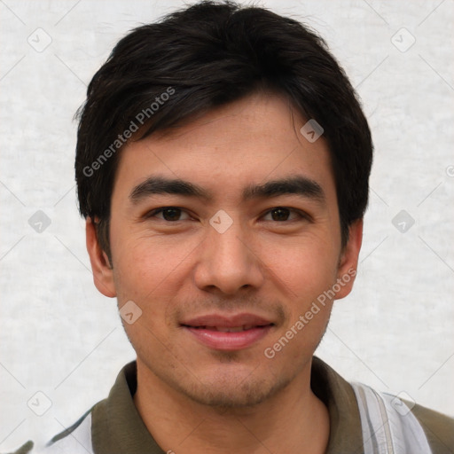 Joyful asian young-adult male with short  black hair and brown eyes