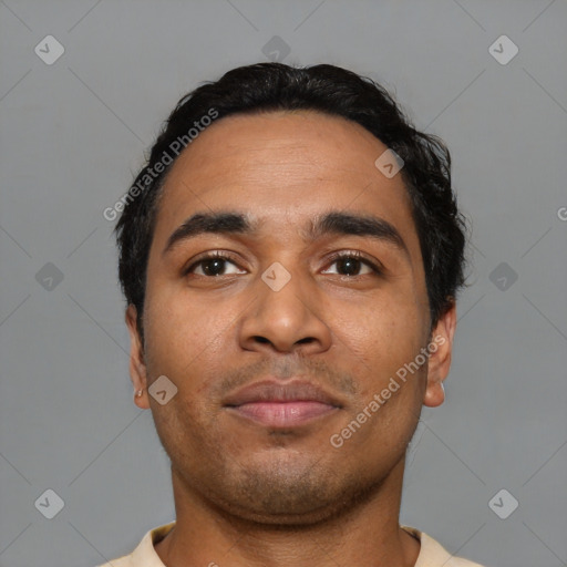 Neutral latino young-adult male with short  black hair and brown eyes