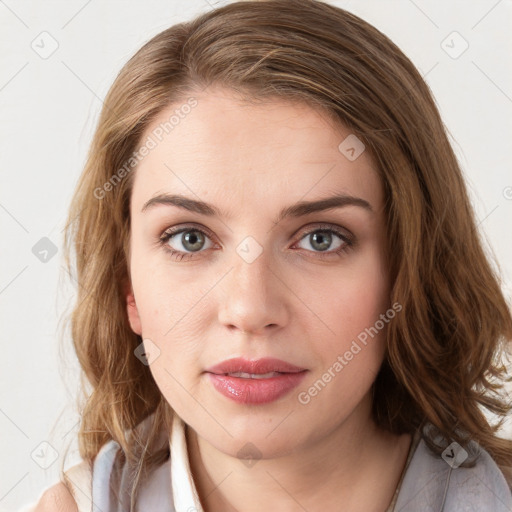 Neutral white young-adult female with medium  brown hair and blue eyes