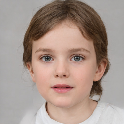 Neutral white child female with medium  brown hair and blue eyes