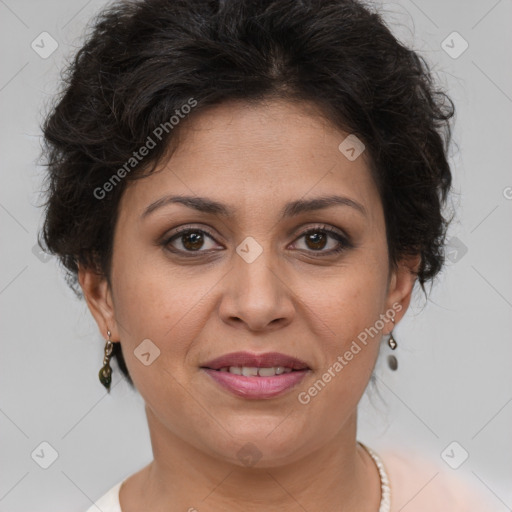 Joyful white adult female with short  brown hair and brown eyes