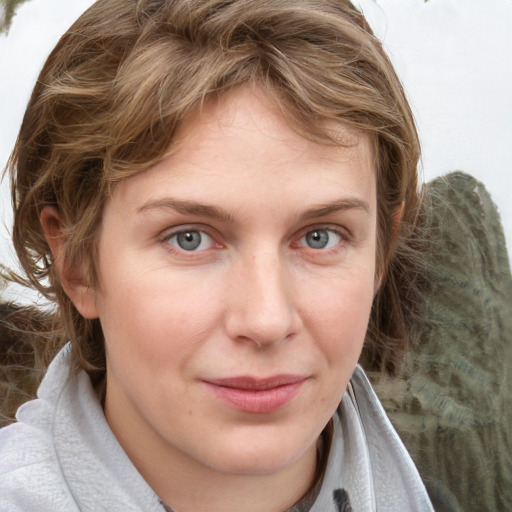 Joyful white young-adult female with medium  brown hair and blue eyes