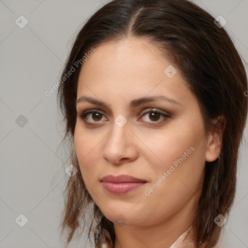 Joyful white young-adult female with medium  brown hair and brown eyes