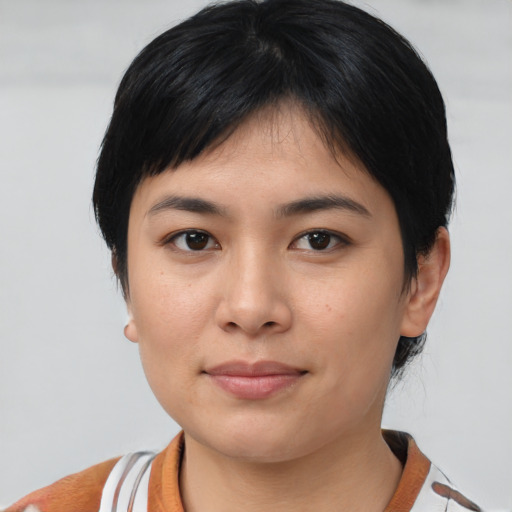 Neutral asian young-adult female with medium  brown hair and brown eyes