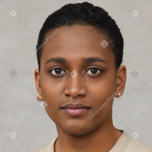 Neutral black young-adult female with short  black hair and brown eyes