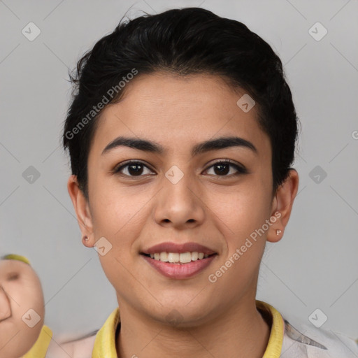 Joyful latino young-adult female with short  brown hair and brown eyes