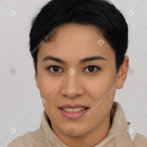 Joyful asian young-adult female with short  brown hair and brown eyes