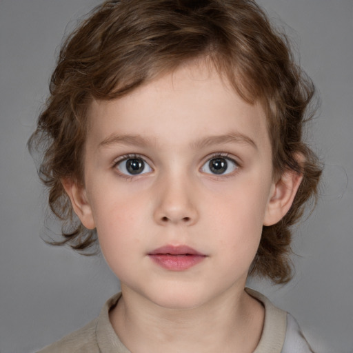 Neutral white child female with medium  brown hair and grey eyes