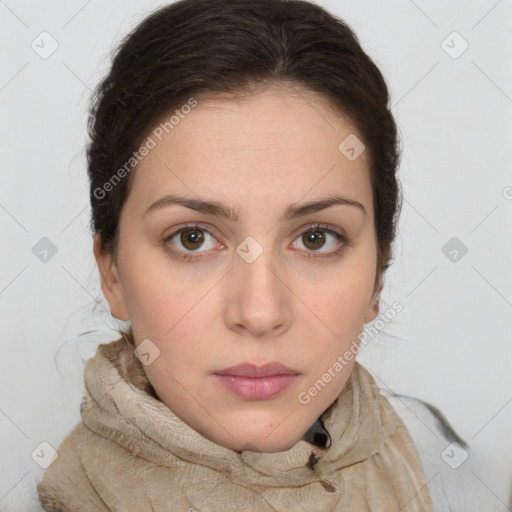 Neutral white young-adult female with medium  brown hair and brown eyes