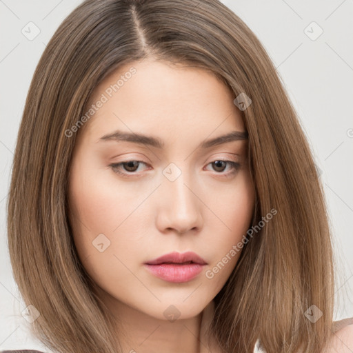 Neutral white young-adult female with long  brown hair and brown eyes