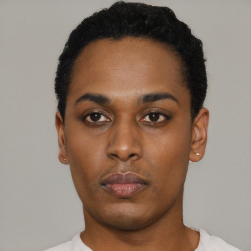 Neutral black young-adult male with short  black hair and brown eyes