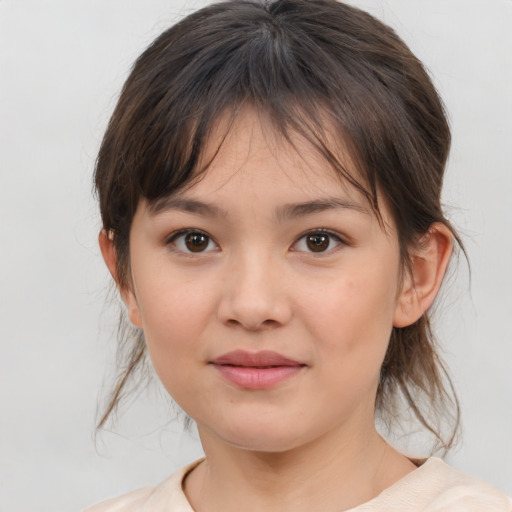 Joyful white child female with medium  brown hair and brown eyes