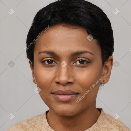 Joyful latino young-adult female with short  black hair and brown eyes