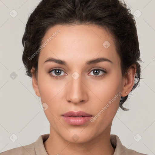 Neutral white young-adult female with short  brown hair and brown eyes