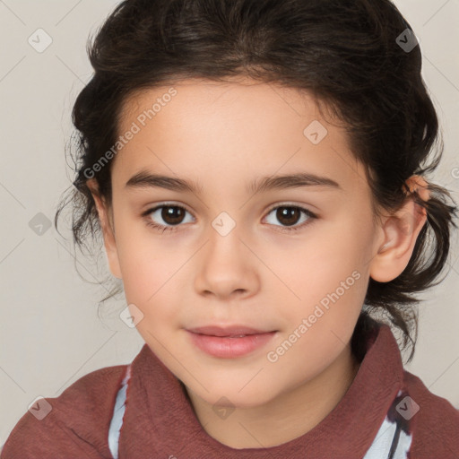 Joyful white child female with medium  brown hair and brown eyes