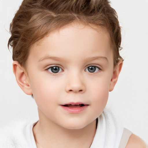 Neutral white child female with short  brown hair and grey eyes