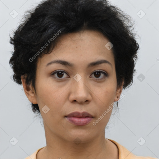 Neutral asian young-adult female with short  black hair and brown eyes