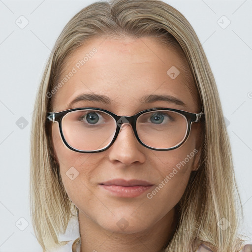 Joyful white adult female with long  brown hair and blue eyes