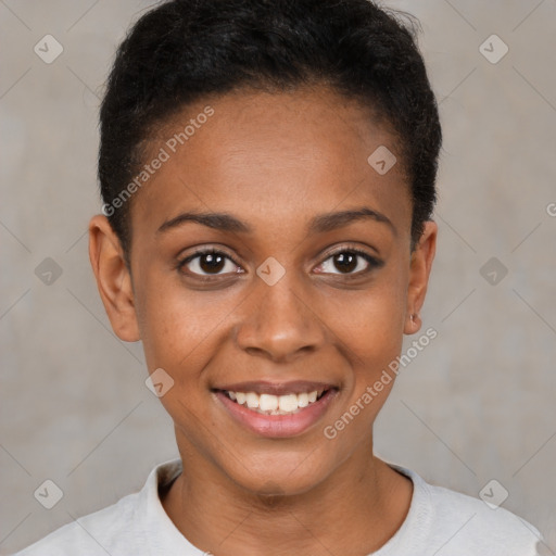 Joyful black young-adult female with short  brown hair and brown eyes