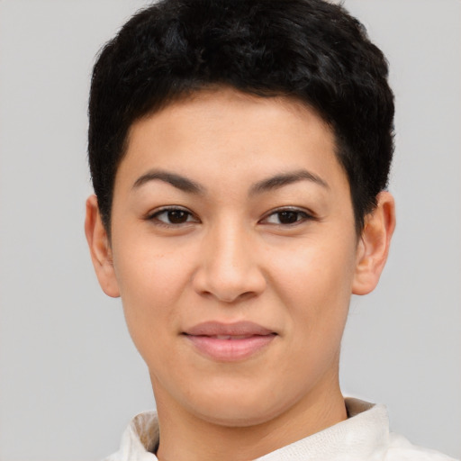 Joyful asian young-adult female with short  black hair and brown eyes