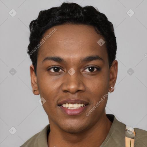 Joyful black young-adult male with short  black hair and brown eyes