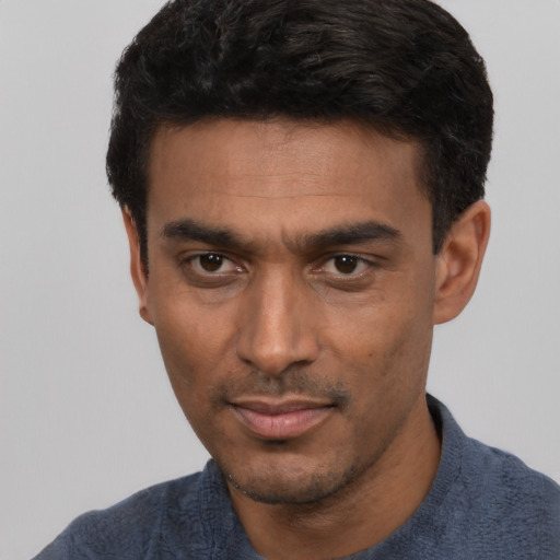 Neutral white young-adult male with short  black hair and brown eyes