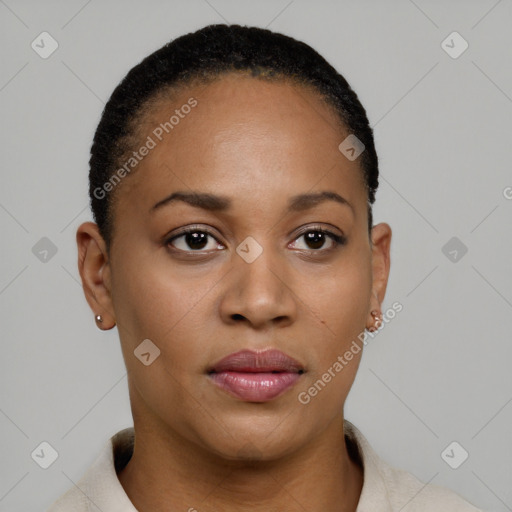 Neutral black young-adult female with short  black hair and brown eyes