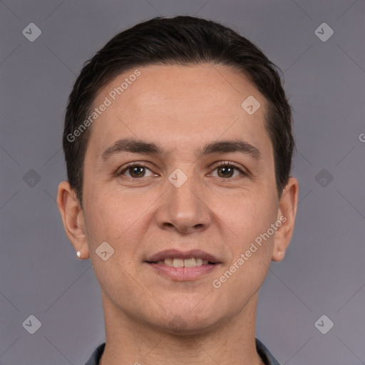 Joyful white adult male with short  brown hair and brown eyes