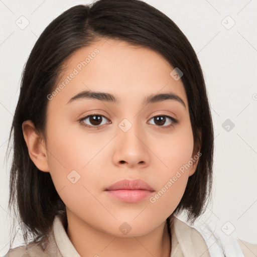 Neutral white young-adult female with medium  brown hair and brown eyes