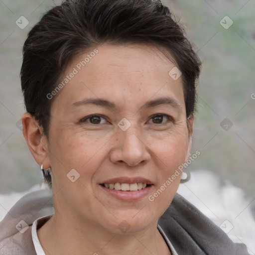 Joyful white adult female with short  brown hair and brown eyes