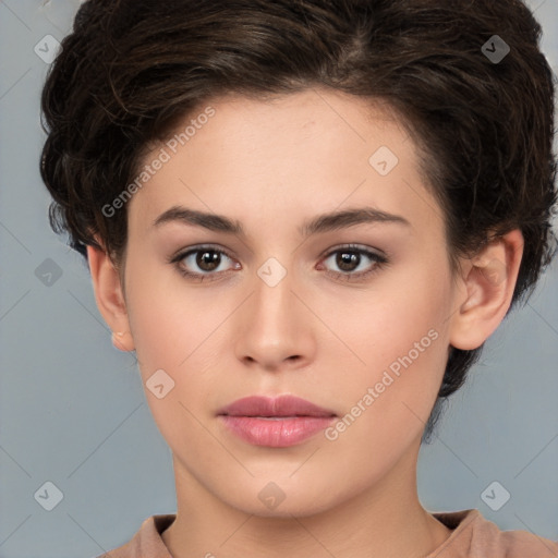 Neutral white young-adult female with short  brown hair and brown eyes