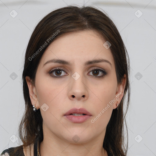 Neutral white young-adult female with medium  brown hair and brown eyes