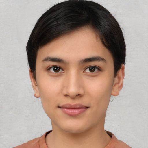 Joyful asian young-adult female with short  brown hair and brown eyes