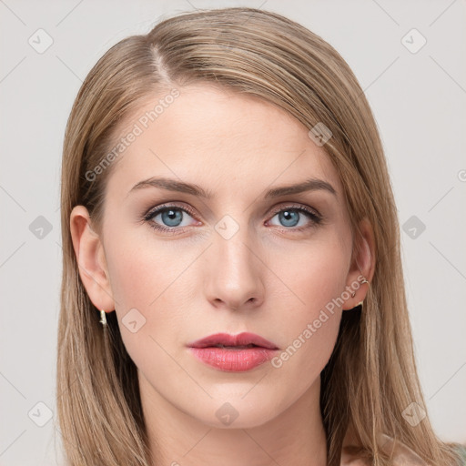 Neutral white young-adult female with long  brown hair and grey eyes