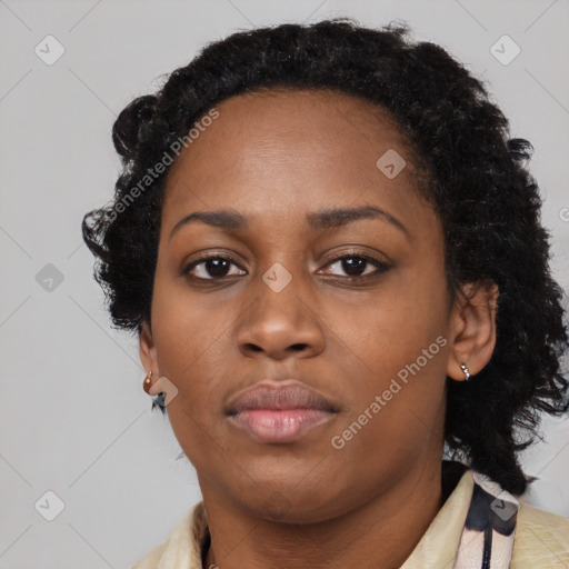 Neutral black young-adult female with medium  black hair and brown eyes