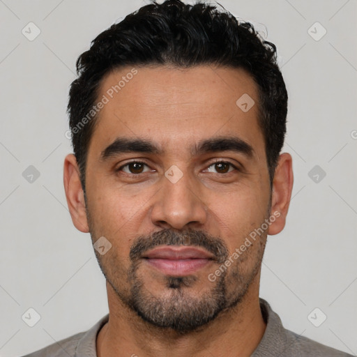 Neutral latino adult male with short  black hair and brown eyes