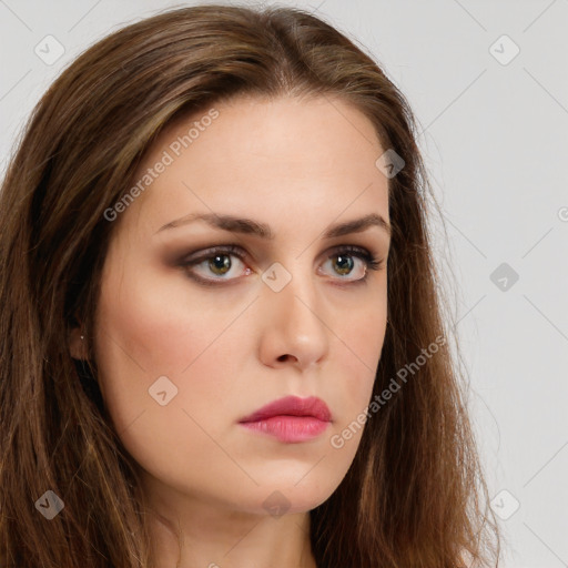 Neutral white young-adult female with long  brown hair and green eyes