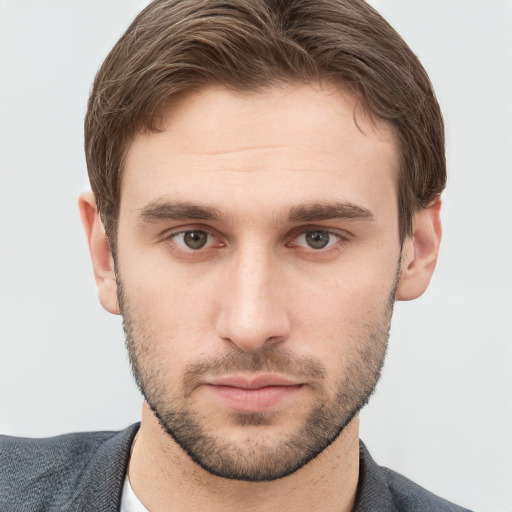 Neutral white young-adult male with short  brown hair and grey eyes