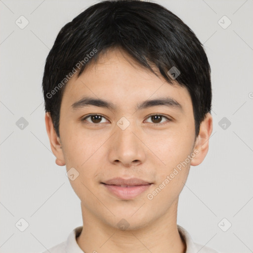 Joyful asian young-adult male with short  brown hair and brown eyes