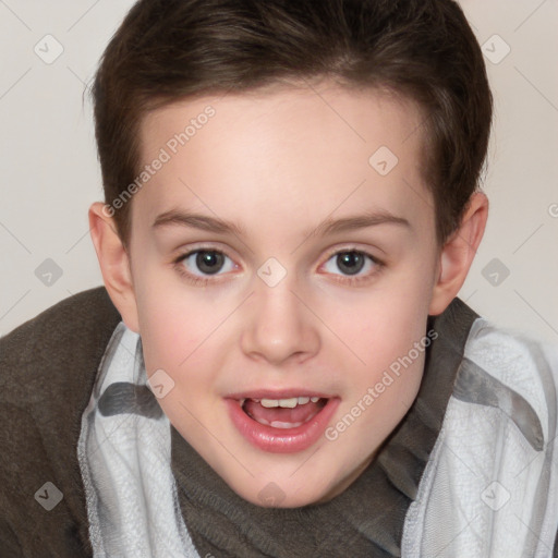 Joyful white child female with short  brown hair and brown eyes