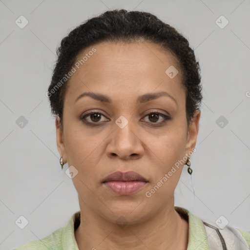 Neutral latino adult female with short  brown hair and brown eyes