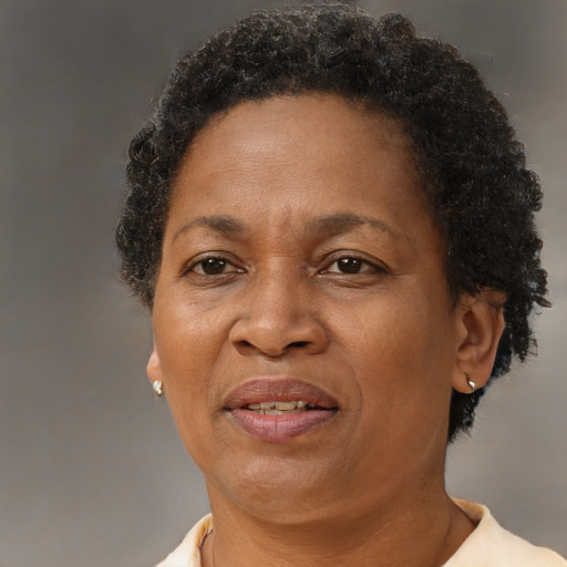 Joyful black adult female with short  brown hair and brown eyes