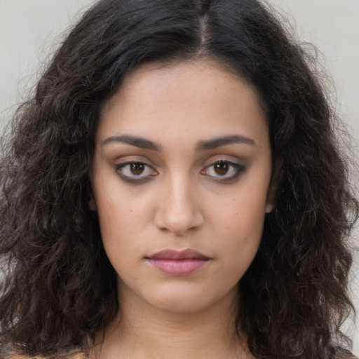 Neutral asian young-adult female with long  black hair and brown eyes