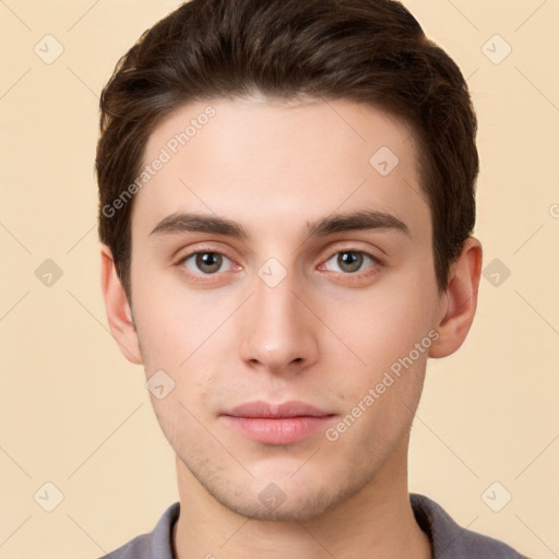 Neutral white young-adult male with short  brown hair and brown eyes