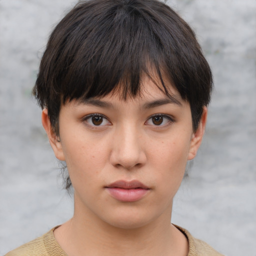 Neutral white young-adult female with short  brown hair and brown eyes